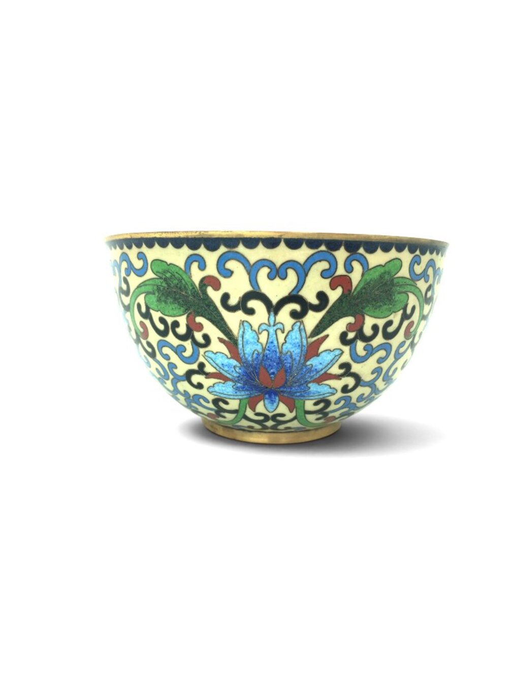 Vintage Chinese Brass Cloisonne Enamel Bowl Blue Floral Lotus 4.5" Trinket Dish